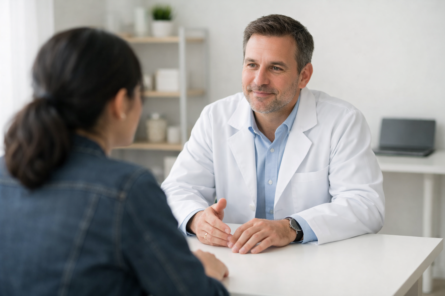 Ein Arzt in weißem Kittel sitzt an einem schlichten weißen Tisch in einem hellen, modernen Behandlungsraum und spricht ruhig mit einer Patientin. Die Frau ist von hinten seitlich zu sehen und hört aufmerksam zu, während der Arzt ihr mit offener, einfühlsamer Haltung etwas erklärt. Im Hintergrund befinden sich neutrale Regale, eine kleine Pflanze und ein geschlossener Laptop.