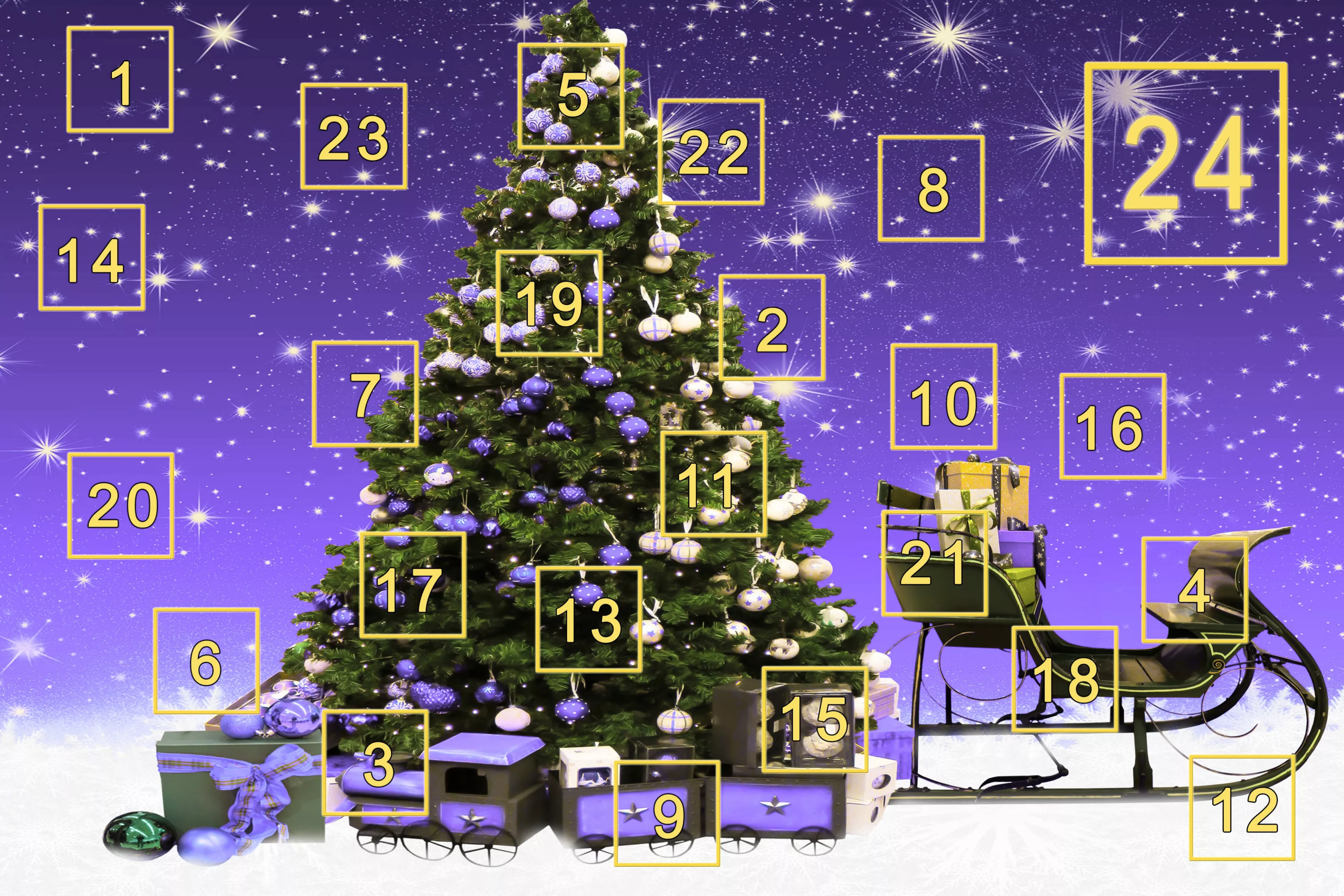 Christbaum mit 24 Adventskalendertürchen, Geschenkspäckchen und einem Schlitten