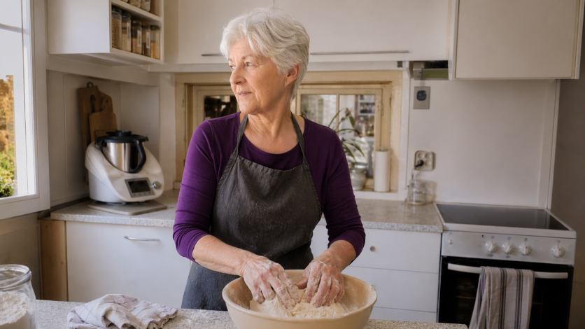 Elfriede knetet in einer hellen Küche Brotteig und hält kurz inne, als würde sie eine innere Grenze wahrnehmen.
