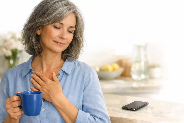 Ruhige Alltagsszene einer Frau, die innehält und ihren Körper als Kompass für eine Entscheidung wahrnimmt.