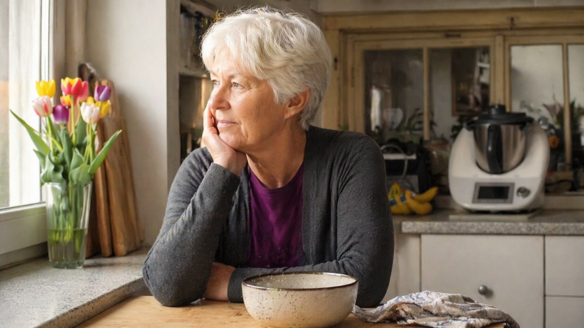 Elfriede sitzt nachdenklich in einer ruhigen Küche und wirkt gesammelt, während innerlich Anspannung spürbar wird.