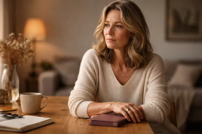 Nachdenkliche Frau sitzt an einem Holztisch und blickt still zur Seite – sinnbildlich für Selbstverrat, Harmoniebedürfnis und innere Klarheit.